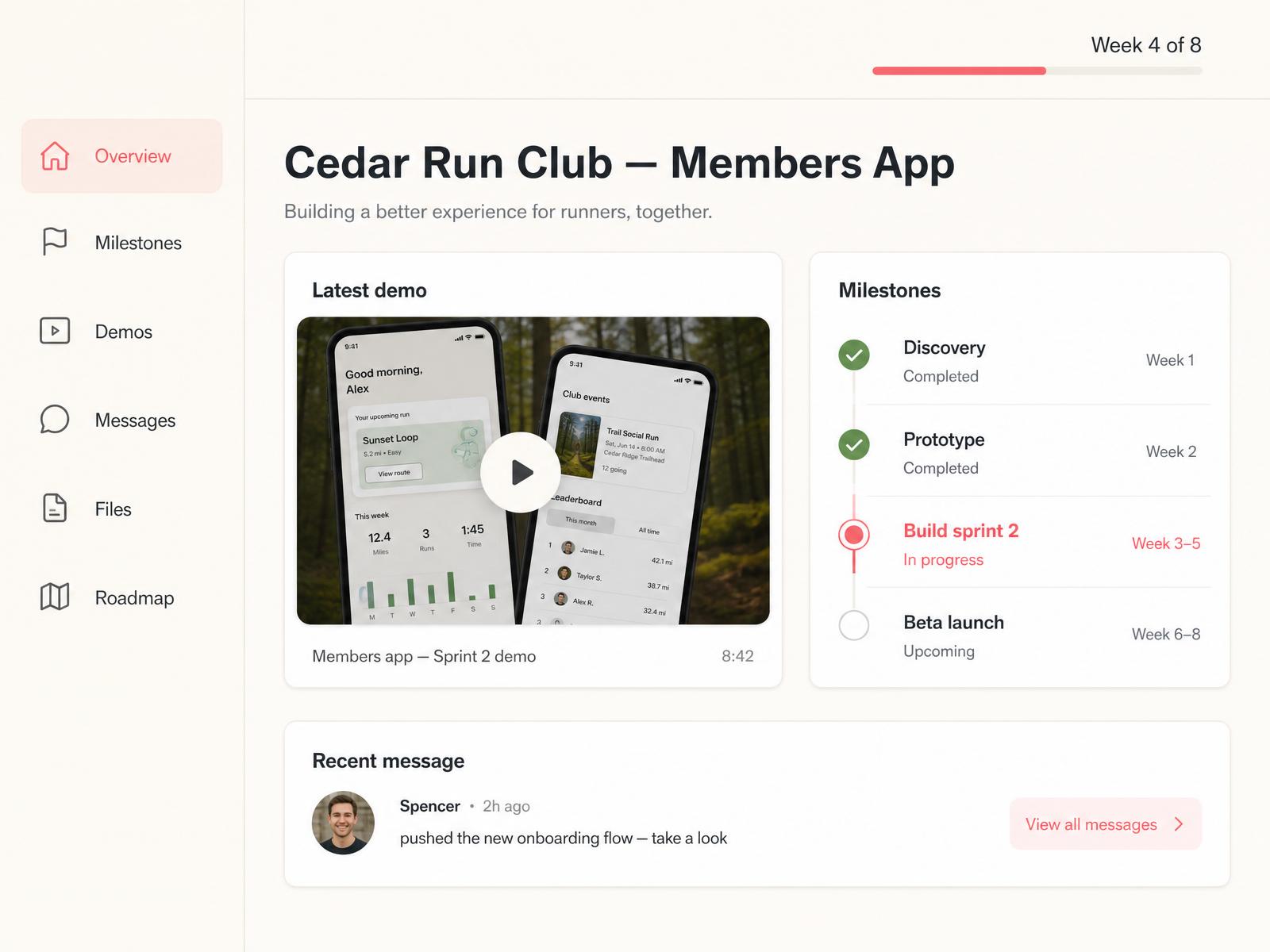 Client project portal showing weekly demo, milestones, and discussion thread
